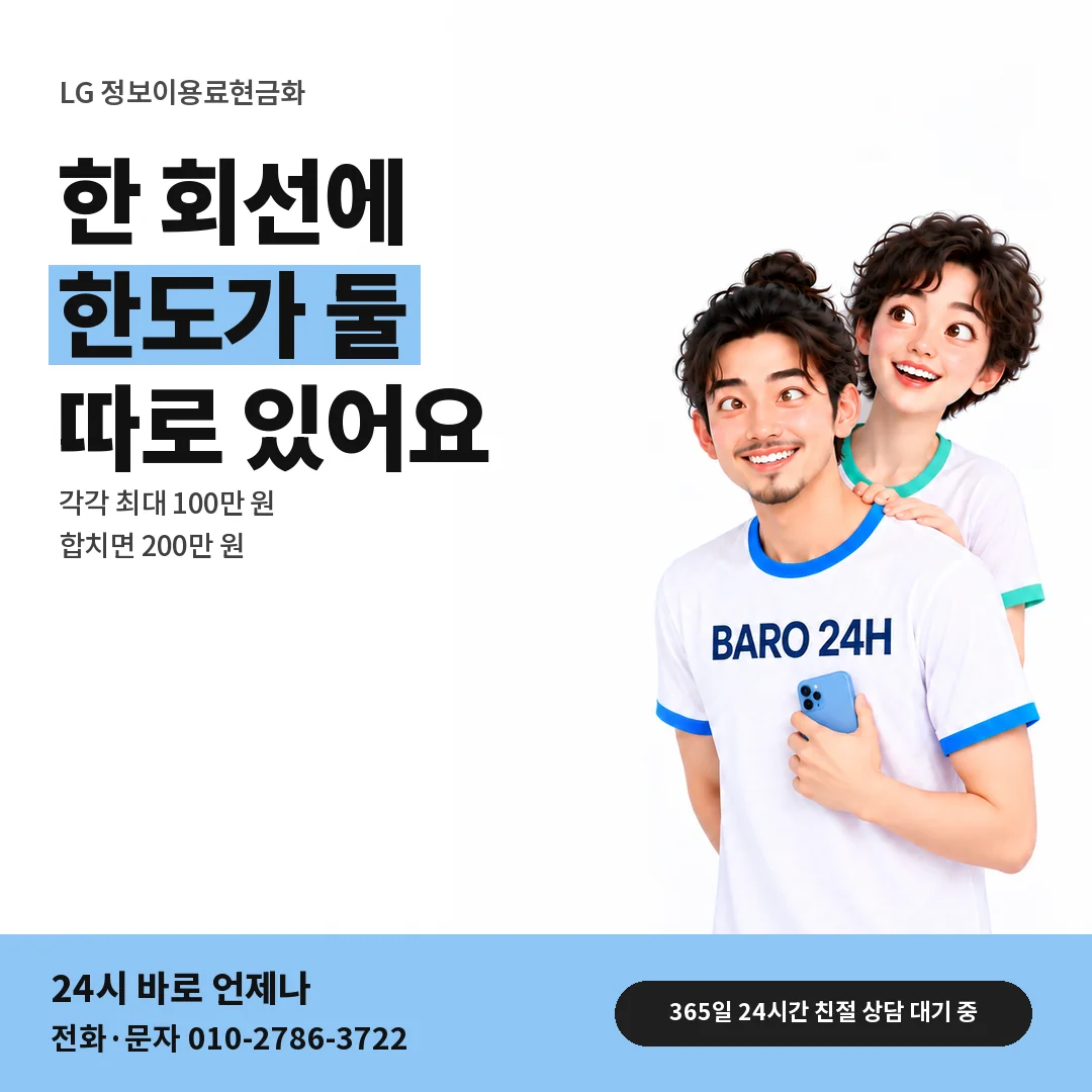 BARO 24H 티셔츠를 입은 3D 인물 옆에 「LG 두 한도 각각 최대 100만 원」 제목을 얹은 안내 카드