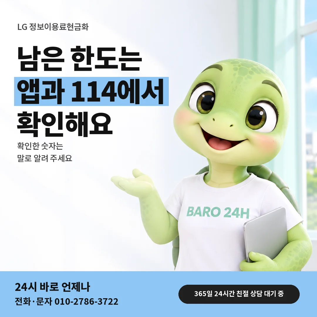 BARO 24H 티셔츠를 입은 3D 거북이 캐릭터 옆에 「LG 남은 한도 묻는 곳」 제목을 얹은 안내 카드
